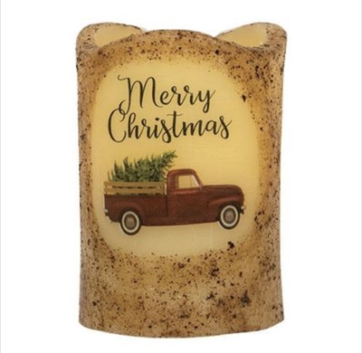 Merry Christmas Truck Timer Pillar Candle 3x4.5''