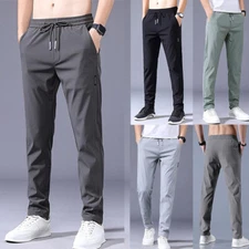 Mens Casual Fast Dry Stretch Pants Business High Elastic Waist Classic Trousers