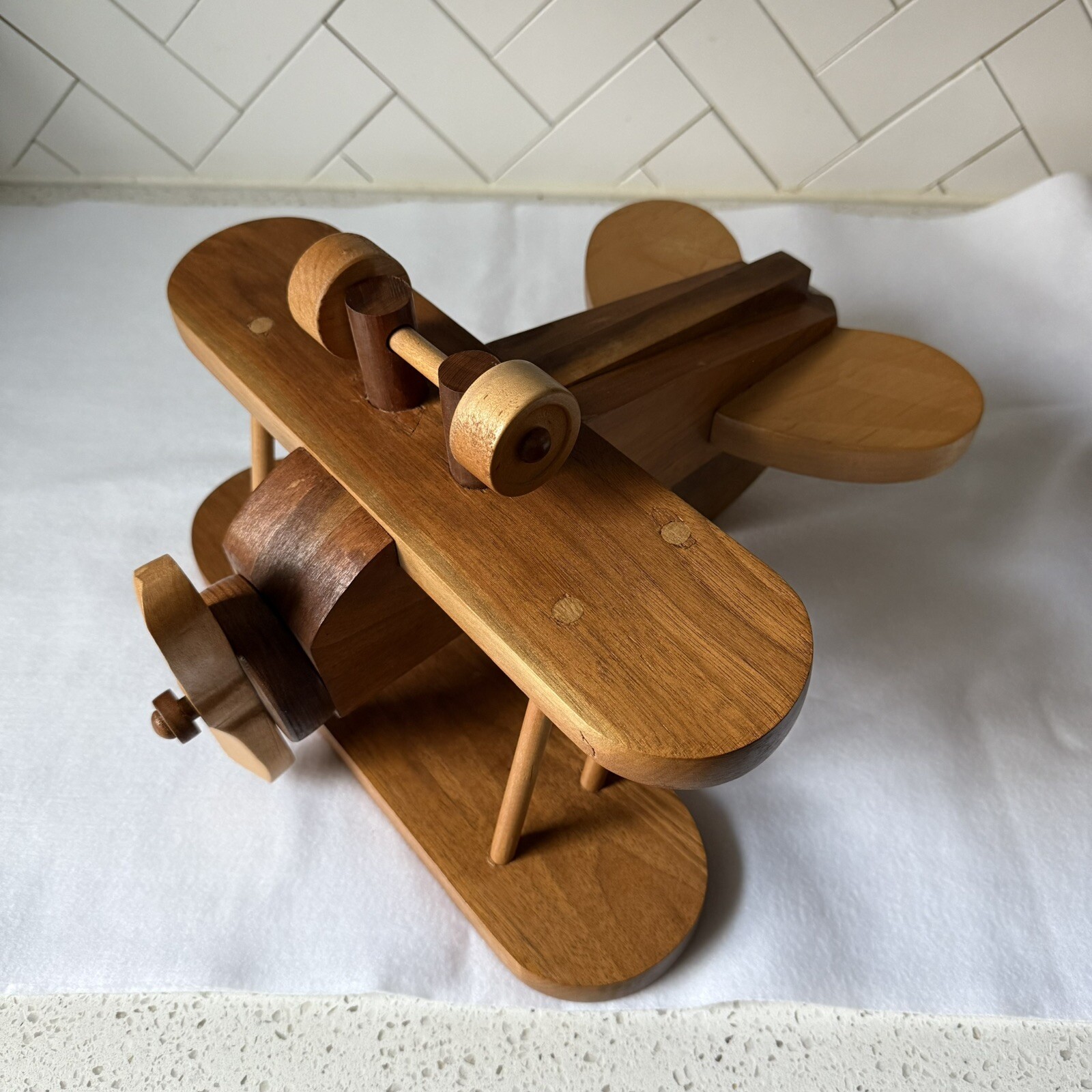 VTG Solid Wooden Airplane 14" x 14" Toy Bi-Plane (Wheels and Propeller Work) EUC