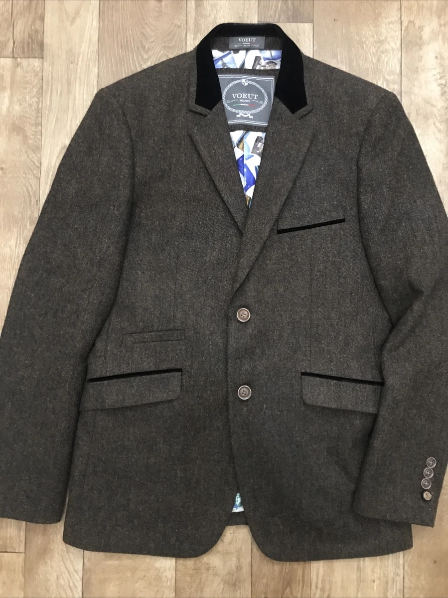 Voeut Milano Brown Tweed Wool Blend Tailored Velvet Trim Blazer UK38 EU48 A20