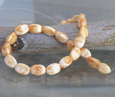 Luster Beige Picasso Pinched Oval Czech Glass Beads 25 