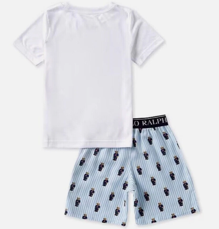 Kids / Boys Ralph Lauren Polo Bear Pajama Set Shorts White Blue Sizes 5, 6 & 7 - Image 2 of 4