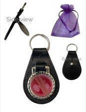 Cricket Ball (E) Genuine Black Leather Domed Keyring In Gift Bag