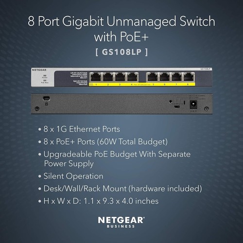 NETGEAR Gs108LP 8-port Gigabit Ethernet Poe Unmanaged Switch - Picture 2 of 6