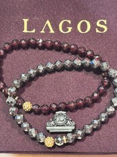 Lagos Medium Stretch Garnet and Hematite 18k gold station beaded bracelets