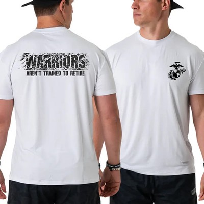 U.S. Marines Veteran T-Shirt, Bold ''WARRIORS AREN'T TRAINED TO RETIRE'' Quote
