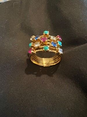 VINTAGE 1960s EGYPTIAN HAREM RING   18K GOLD   DIAMOND RUBY SAPPHIRE JADE   18KT