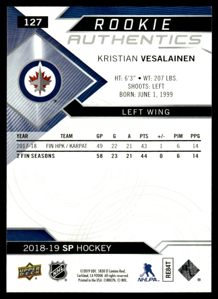 2018-19 SP Kristian Vesalainen Rookie 1149/1199 Winnipeg Jets #127 - Image 2 of 2
