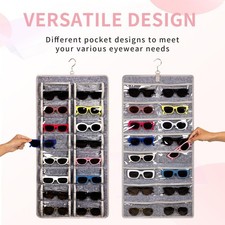 Wall-Mounted Dual-Sided Sunglasses Organizer with 32 Clear Slots and Hook