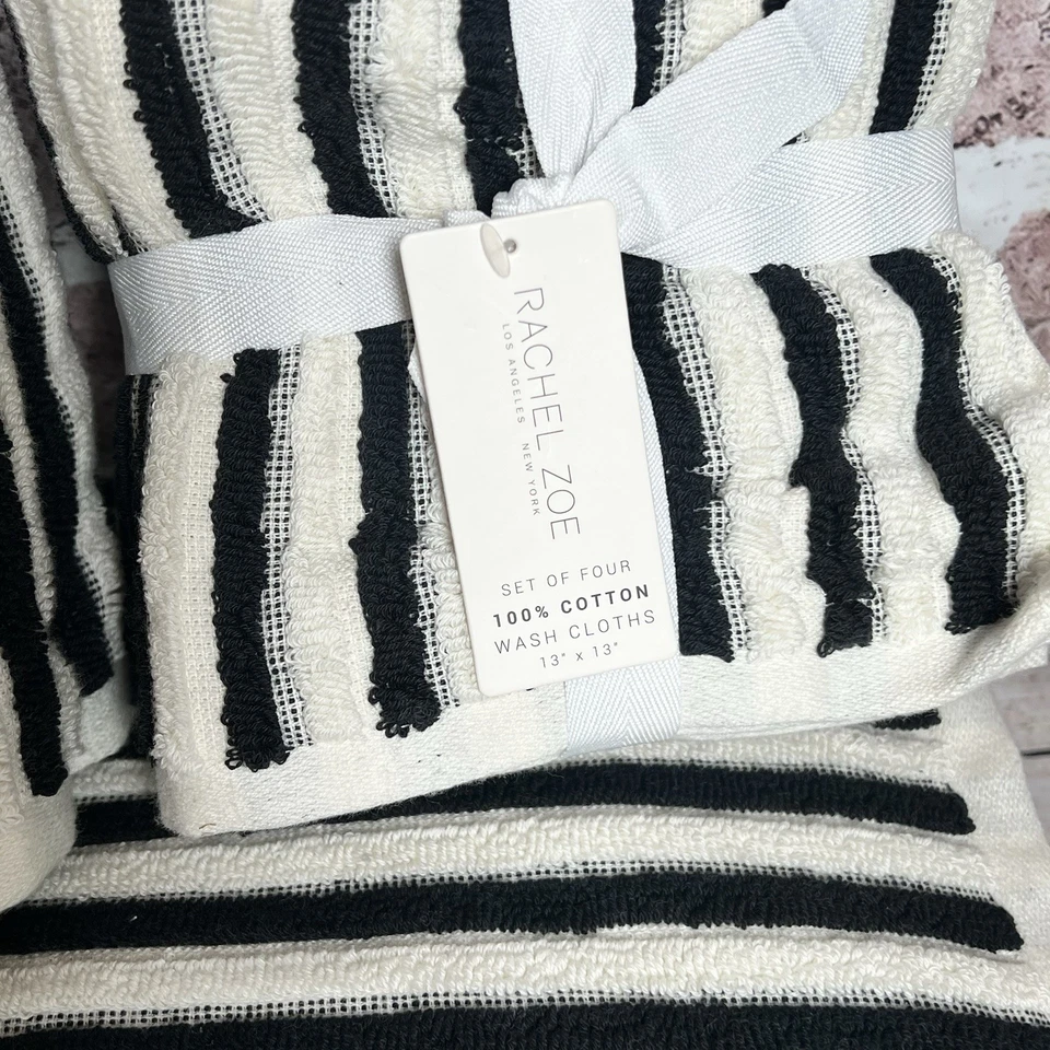 Rachel Zoe 8 шт набор Nlack и белая полоса печати ванны вручную полотенца мочалки новый с Ярлыками - Изображение 4 из 4
