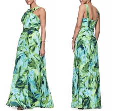 XSCAPE EVENINGS "CASEY" GREEN FLORAL PRINT CHIFFON HALTER NECK DRESS SIZE 12 NWT