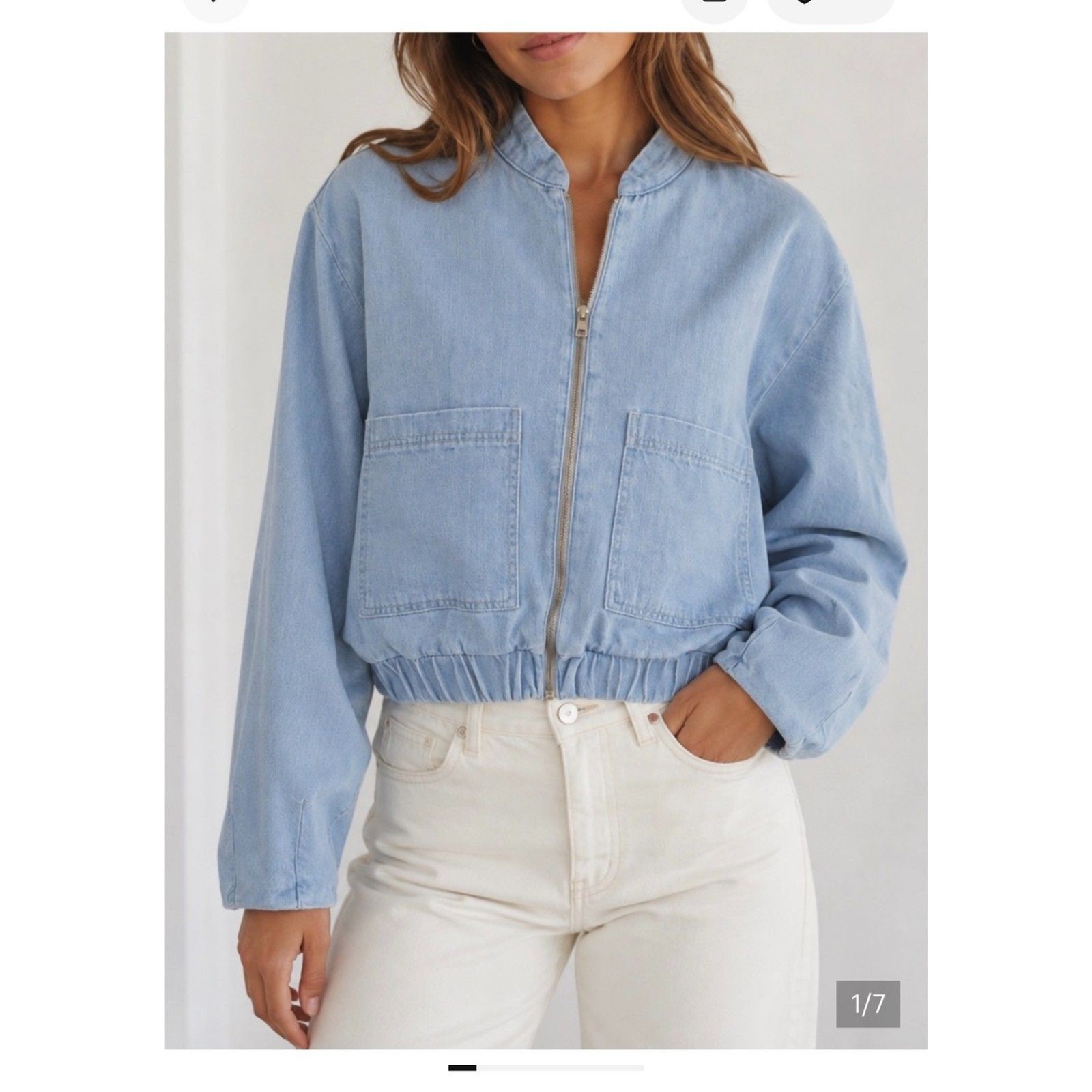 Zara Cropped Denim Bomber Jacket Light Wash Women's Medium