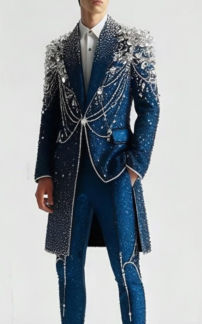 Celestial Crystal Embroidered Blue Long Coat Suit Couture Statement Evening Wear