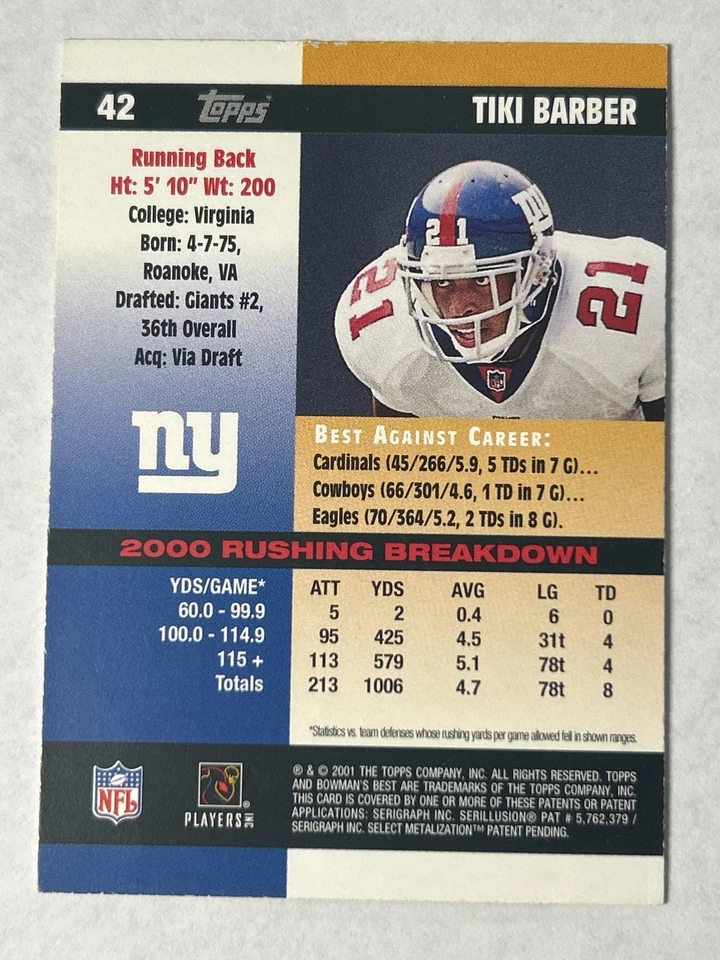 2000-01 TOPPS BOWMAN'S BEST TIKI BARBER NEW YORK GIANTS #42 - Image 2 of 2
