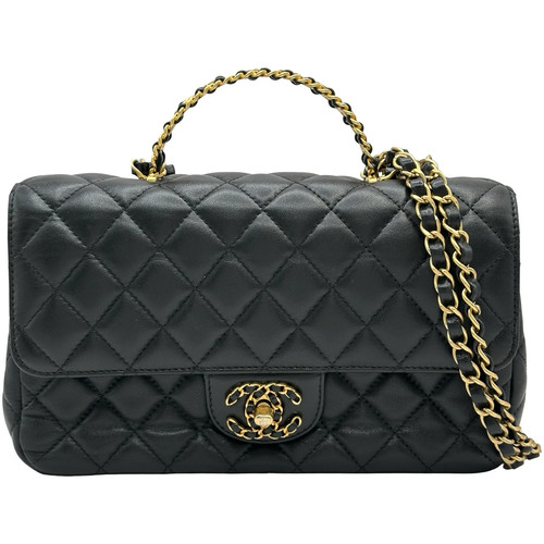 CHANEL Top Handle Flap Bag AS4530 Black GHW Lambskin Shoulder Bag #078