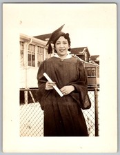 Vtg B&W Snapshot Graduate Woman Cap Gown Diploma Jan 30 1936 Age 17 Photo