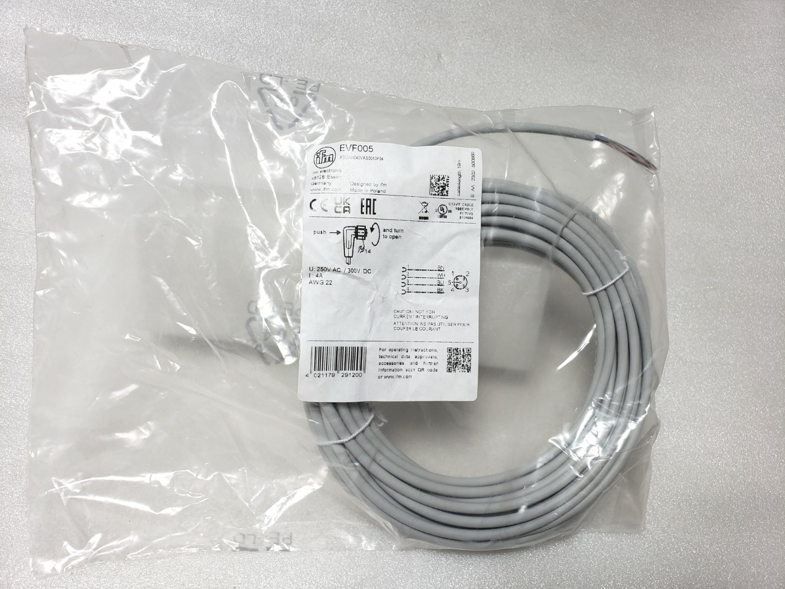 IFM Efector EVF005 Cable Female Cordset 4-wire M12 Right Angle Connector 10M