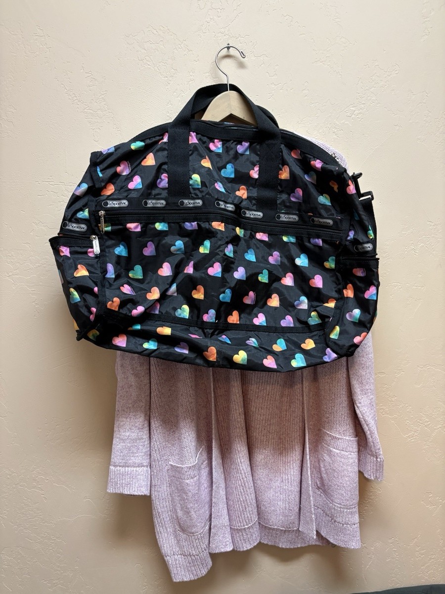 LeSportsac Travel Carry On Duffle Weekend Bag Black Multi Colored Hearts
