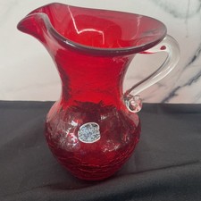 Vintage Kanawha Crackle Glass Cranberry Pitcher w/Clear Handle and Fluted Lip 7