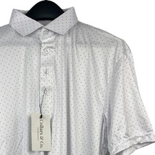 NEW Collars  Co Dress Collar Polo Mens L Performance White Blue Micro Dot 82