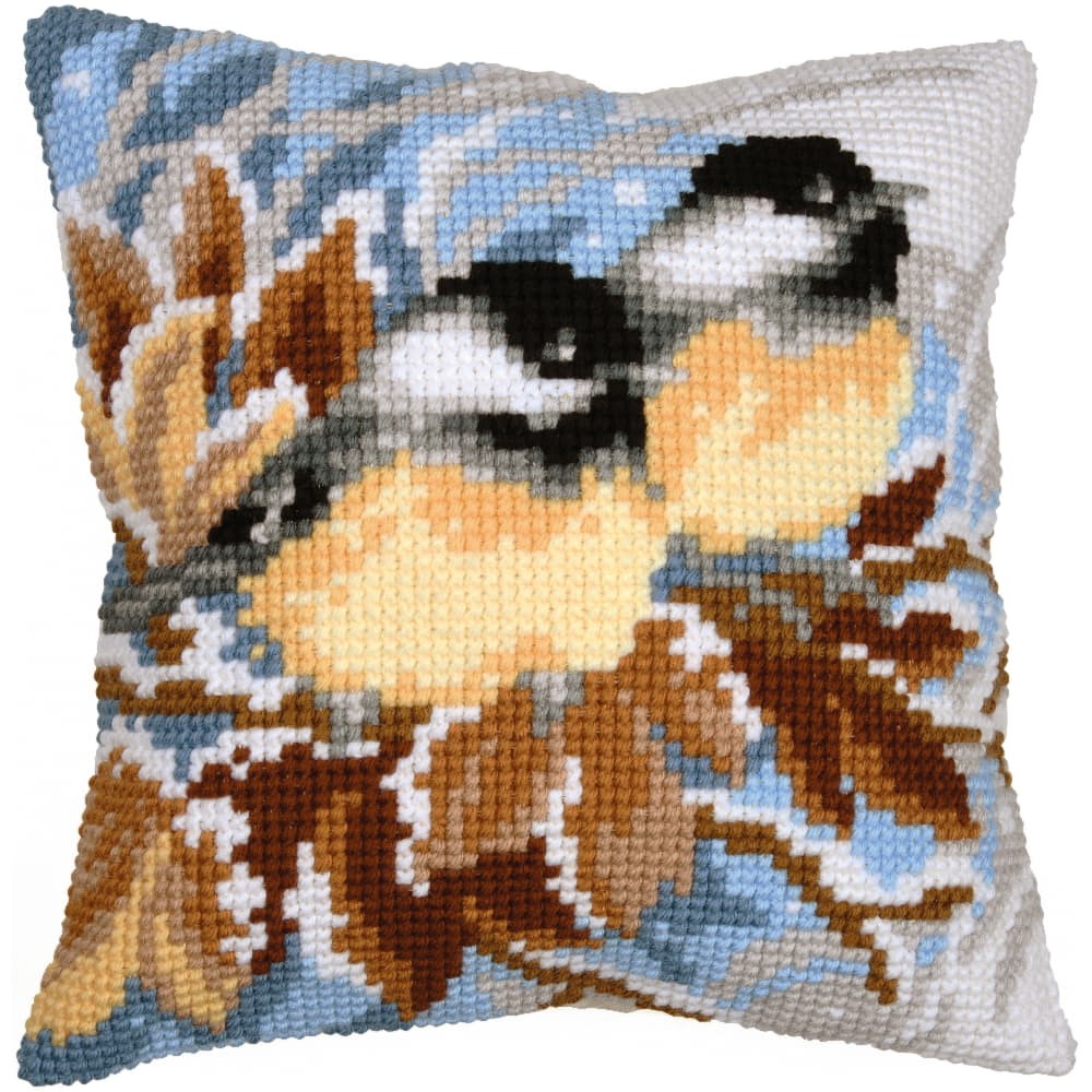 Vervaco stamped cross stitch kit cushion ""Chickadees in winter"", 40x40cm