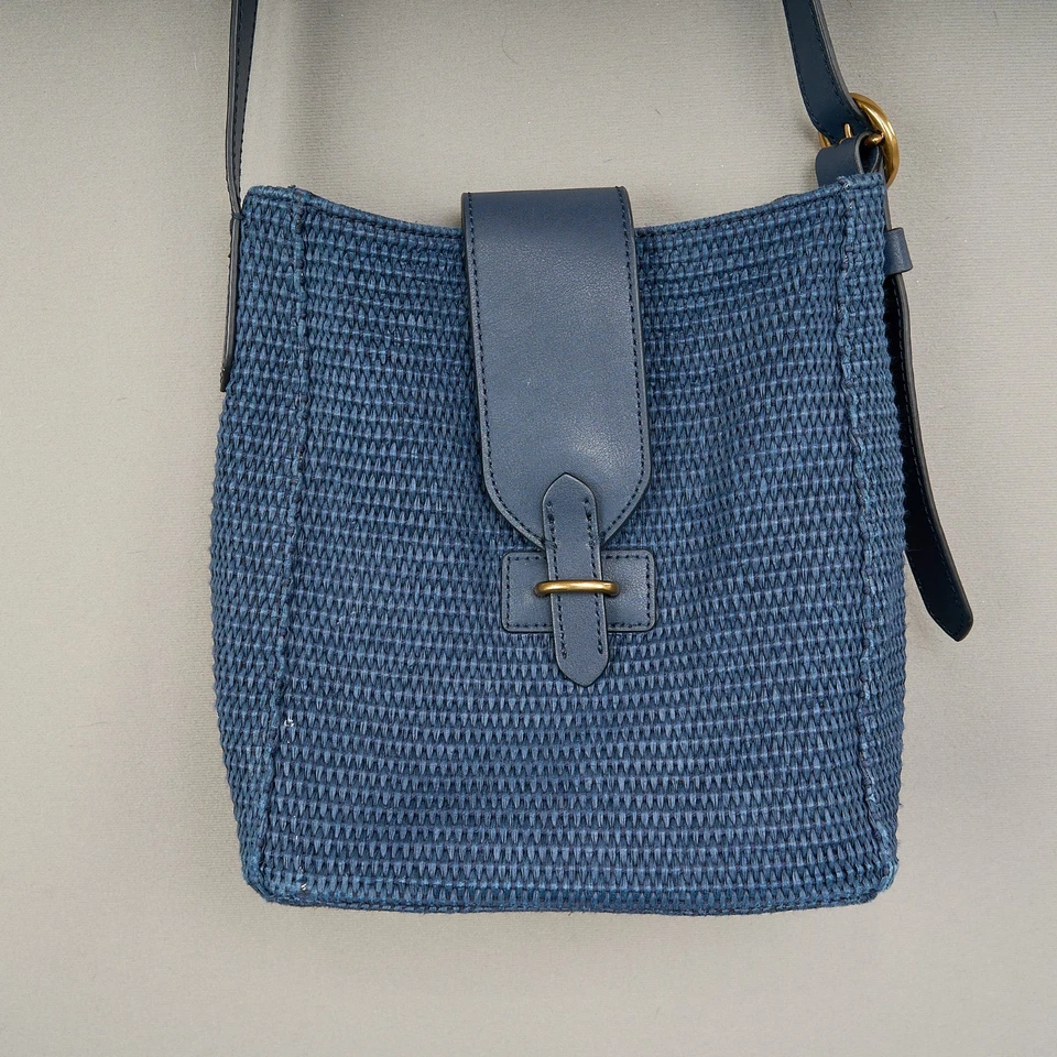 Bolso Bandolera Banana Republic Borde Cuero Azul Paja 8.5x9.5 Cubo Foto 3 de 4