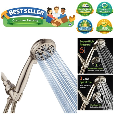 #ad High Pressure 6 Setting Full Brushed Nickel Handheld Shower Head with Stainle... $49.99