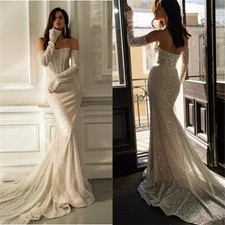 Luxury Mermaid Wedding Dress Off Shoulder Detachable Sleeves Beaded Pearl Gowns