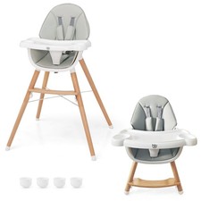 Baby High Chair Wooden Feeding Chair w/ 4-Gear Tray  Removable Cushion Grey