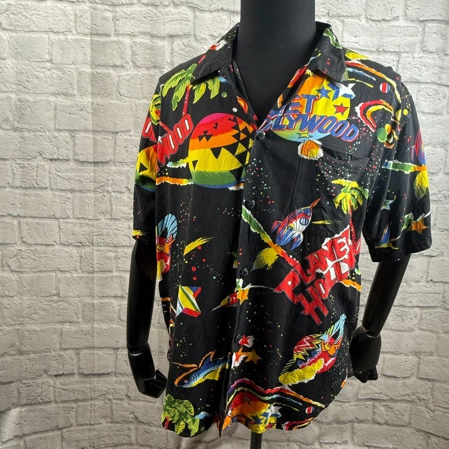 VTG Planet Hollywood Camisa Boton Abotonada Negro Hombre L 1991