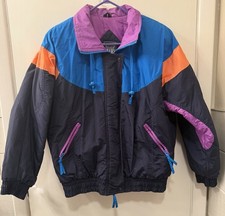 Vintage 80s 90s Colorblock Ski Jacket Mixed Blues Medium Retro Puffer Coat