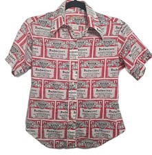 Vintage 60s 70s Budweiser All Over Print Button Up Shirt Size 32 Small 38" P2p