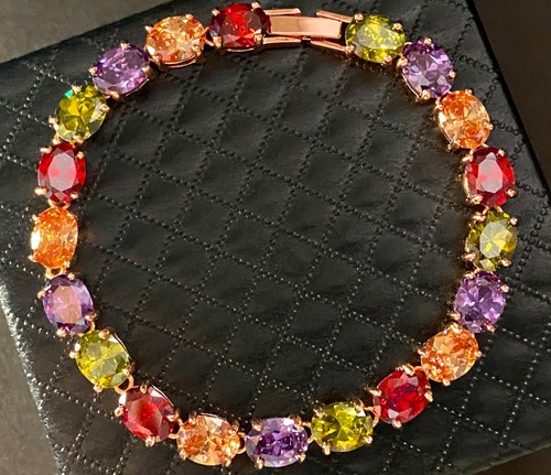 30 cwt Oval Gemstone Multicolor Tennis Bracelet 18K Rose Gold Plated Finish 7.5" - Picture 3 of 12