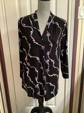 Charter Club Women Floral 3/4 Sleeve V-Neck Blouse Black Pullover Size L