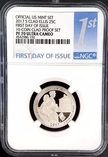 2017 S Proof Clad Ellis Island Quarter, NGC PF 70 Ultra Cameo, 1st Day of Issue!