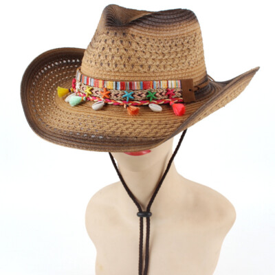 Men Women Straw Cowboy Hat Western Cowgirl Sun Boho Tassel