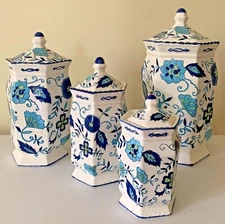 MANN IMPORTS Canister Set 4 HEIRLOOM IRONSTONE Blue Floral Hand Paint Hexagon