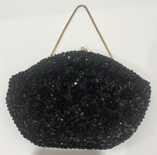 Vintage Beaded Handbag Silk Lining Made In Hong Kong Kiss Lock Gold Black