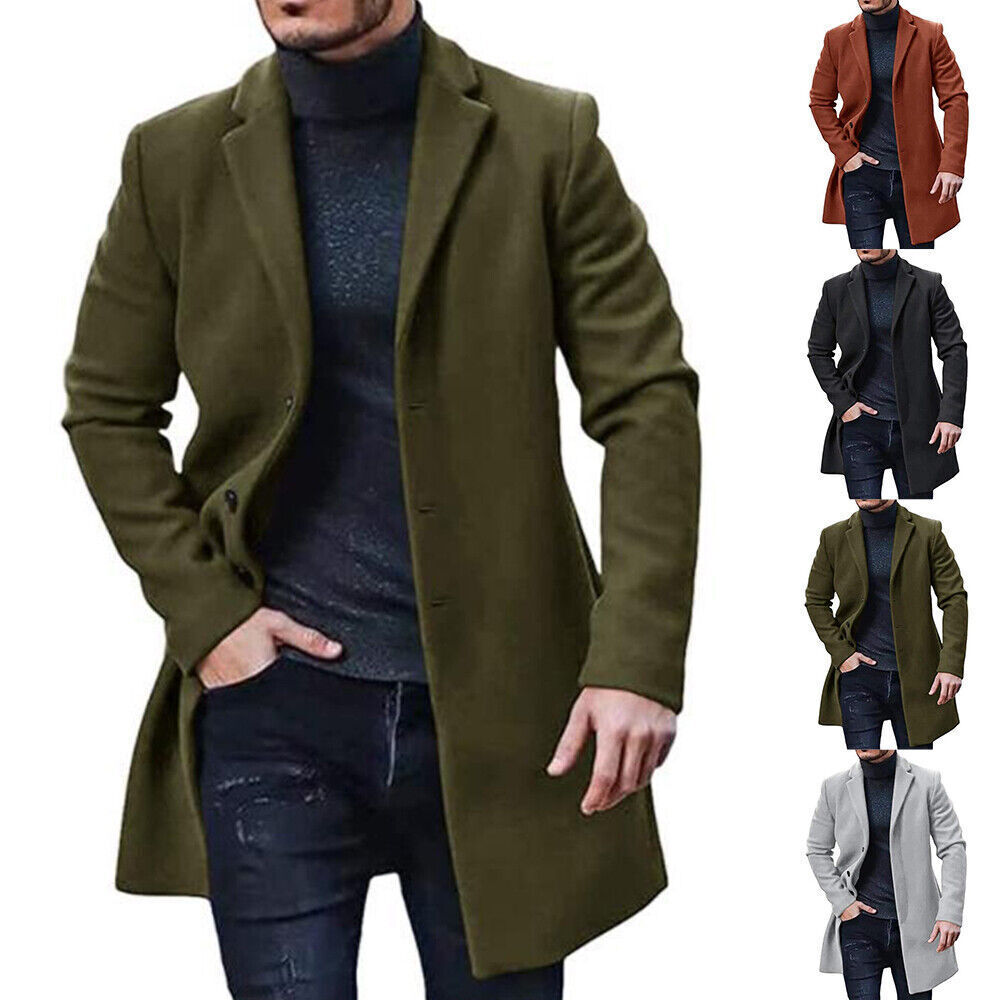 Men Wool Coat Winter Trench Outwear Overcoat Long Jacket Lapel Single Breasted