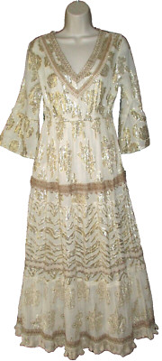 NWT Me 2 Magic Anthropologie Ivory Gold Metallic Tasseled Tiered Maxi Dress M