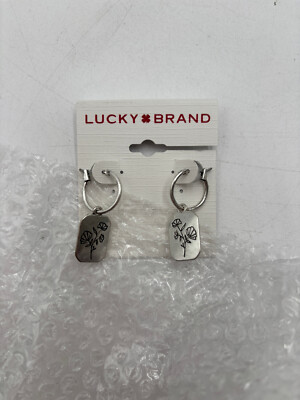 Lucky Brand Silver-Tone Flower Rectangle Charm Hoop Earrings