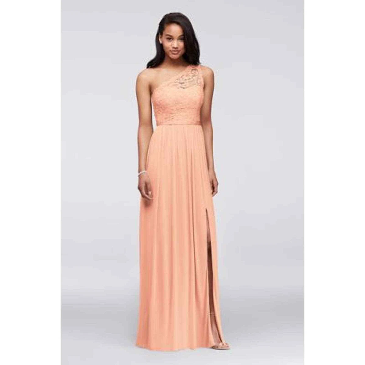 David s Bridal Pale Peach Size 4 Maxi One Shoulder Lace Dress