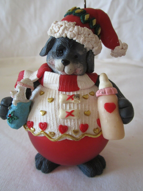 5" GREY DOG with Baby Christmas Ornament Red Glass Ball Resin Type Traditions 
