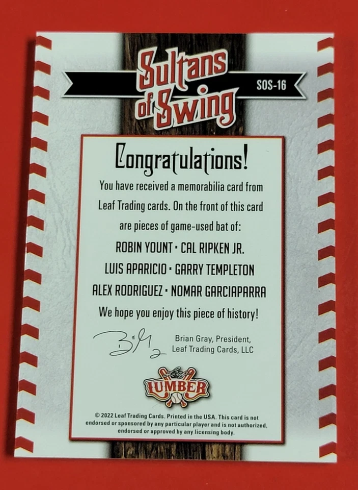 TARJETA DE MURCIÉLAGO CAL RIPKEN #d6/9 ROBIN YOUNT ALEX RODRIGUEZ NOMAR GARCIAPARRA APARICIO Foto 2 de 3
