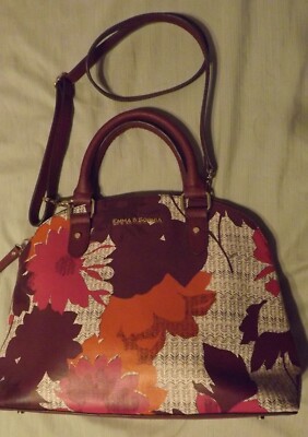 Emma & Sophia Crossbody Satchel Purse Burgundy Floral Print Leather 