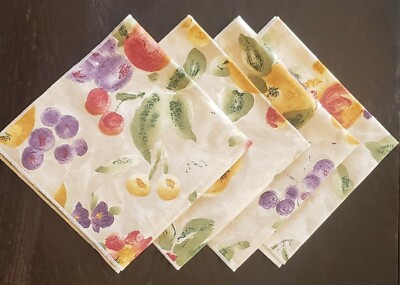 Cloth napkins fruit floral pears plums grapes yellow green purple red 4 Set