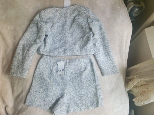 ZARA Set Gold Buttons Textured Blazer & Shorts Ecru/blue Sz M - Picture 8 of 22