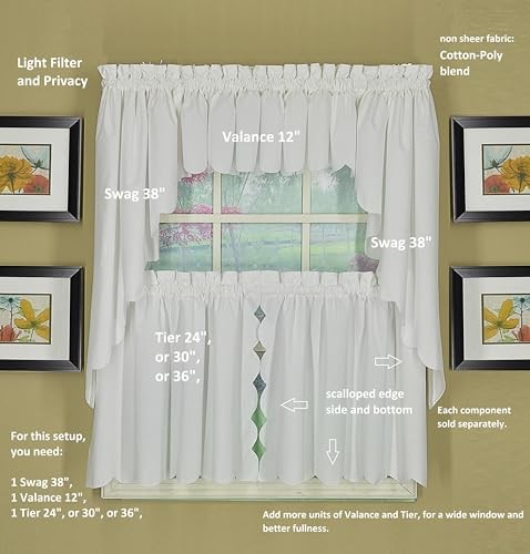 , Orleans Scallop Curtain, White 30" Tier Pair and Tieback, 60" W x 30" L, White - Picture 9 of 11