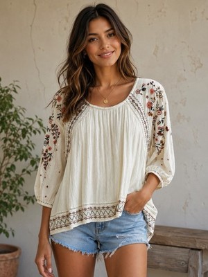 Knox Rose Cream Floral Embroidered Boho Peasant Blouse, size Medium