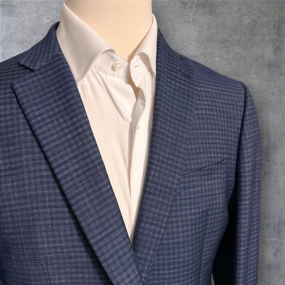CALVIN KLEIN Mens Blazer 44R Sport Coat 2-Button Jacket Plaid Navy/Blue Wool - Image 3 of 4